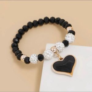 Black Beaded Rhinestone Bracelet with Heart Charm